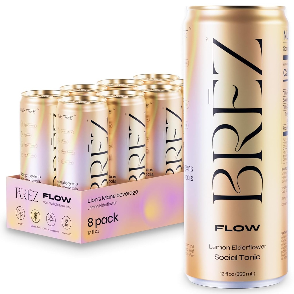 BREZ FLOW Lions Mane Mushroom Drink, 8-Pack, Non- Infured, Adaptogens, Lempelse, Opløftning, og Social, Sparkling Lemon Elderflower Tonic 12 Fl oz
