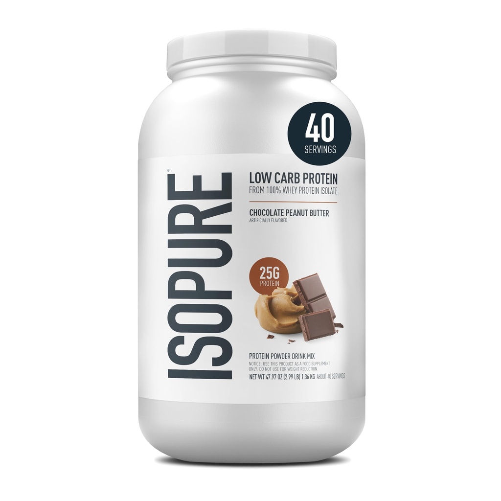 Isopure Low Carb 100% Pure Whey Isolate Protein Powder, Lactose Free, Gluten Free, Med vitaminer, Chokolade Peanut Butter, 25g Protein Per Servering, 3 Lbs, 40 Servering (Packaging May Vary)