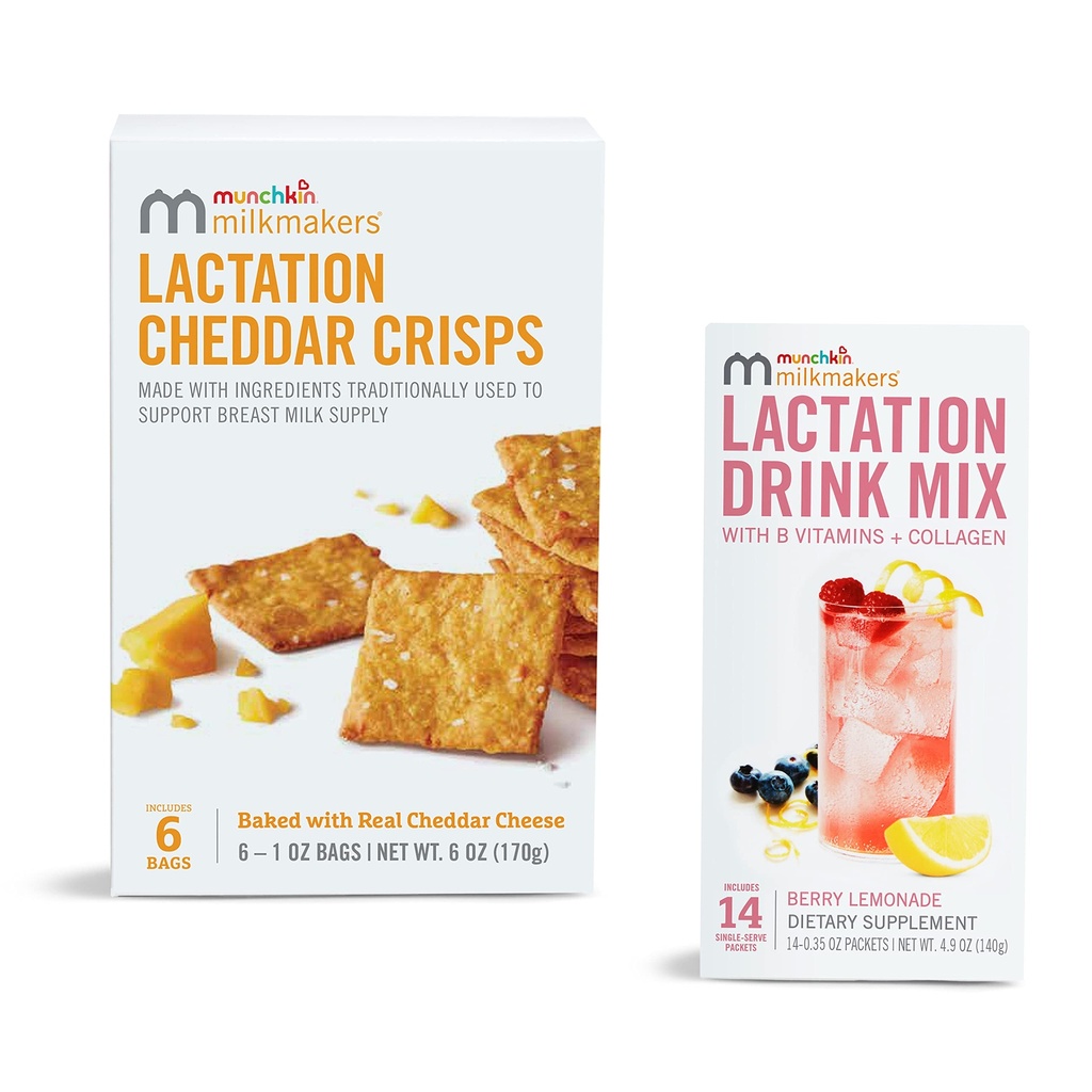 Munchkin ® Milkmakers ® Amning Drink Mix Supplement med B Vitamin & Mælk tidsel, 14 Greve og Amning Cheddar Crisps til Amning mødre med Havre og Hør, 6 Greve
