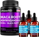 4-in-1 Flydende Biotin Collagen Keratin Saw Palmetto Drops (2 fl oz - 3 Pack) & 6-in-1 Maca Root Ashwagandha w Black Pepper Fruit (120ct) Bundle - Hår, hud, negle, Energi & Mood Support Supplement