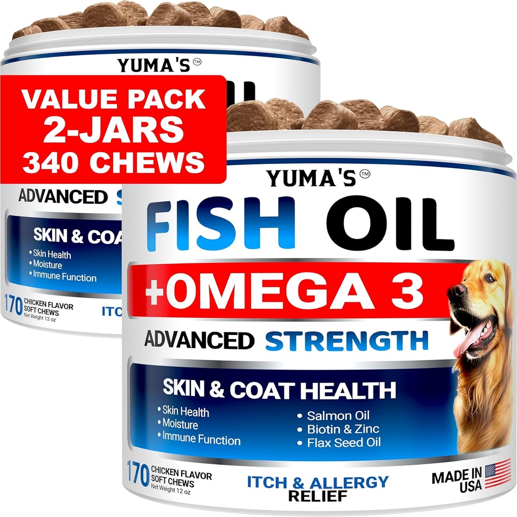 (2 Pack) Omega 3 Fish Oil for Dogs - 170 Chews - Skin and Coat Supplement - Omega 3 for Dogs - Tør & Itchy Skin Relief Treatment - Allergy Support Dog Anti Sheding Treats - Salmon - Chicken Flavor