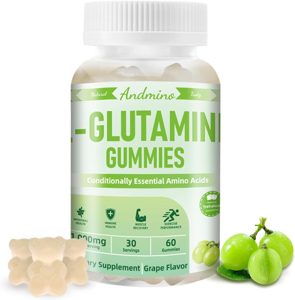 L- Glutamin Gummies 1000 mg, med Trehalose, L Glutamin Supplement Support Intestinal, Boost Immuno & Muscle Health, for voksne & Børn, Non- GMO, Vegan, Gluten Free, Grape Flavor, 60