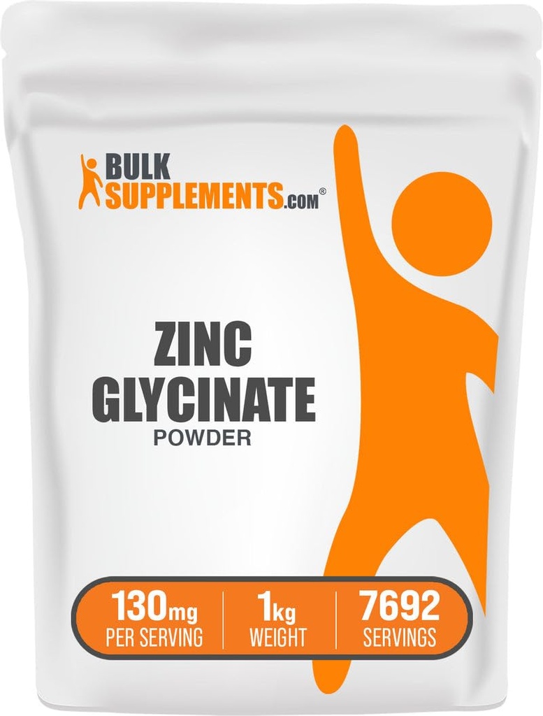 Bulk Supplements.com Zink Glycinate Powder - Zink Supplement, Mineral Supplement for immunforsvar - Gluten Free, 130mg per Serving, 1kg (2,2 lbs) (Pakning med 1)