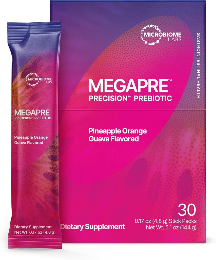 Mikrobiome Labs MegaPre Prebiotic Fiber Powder for kvinder, mænd og børn - Præ- doseret Prebiotic Fiber Supplement Powder med klinisk testet Oligosaccharides - Ananas Orange Guava (30 drik pakker)