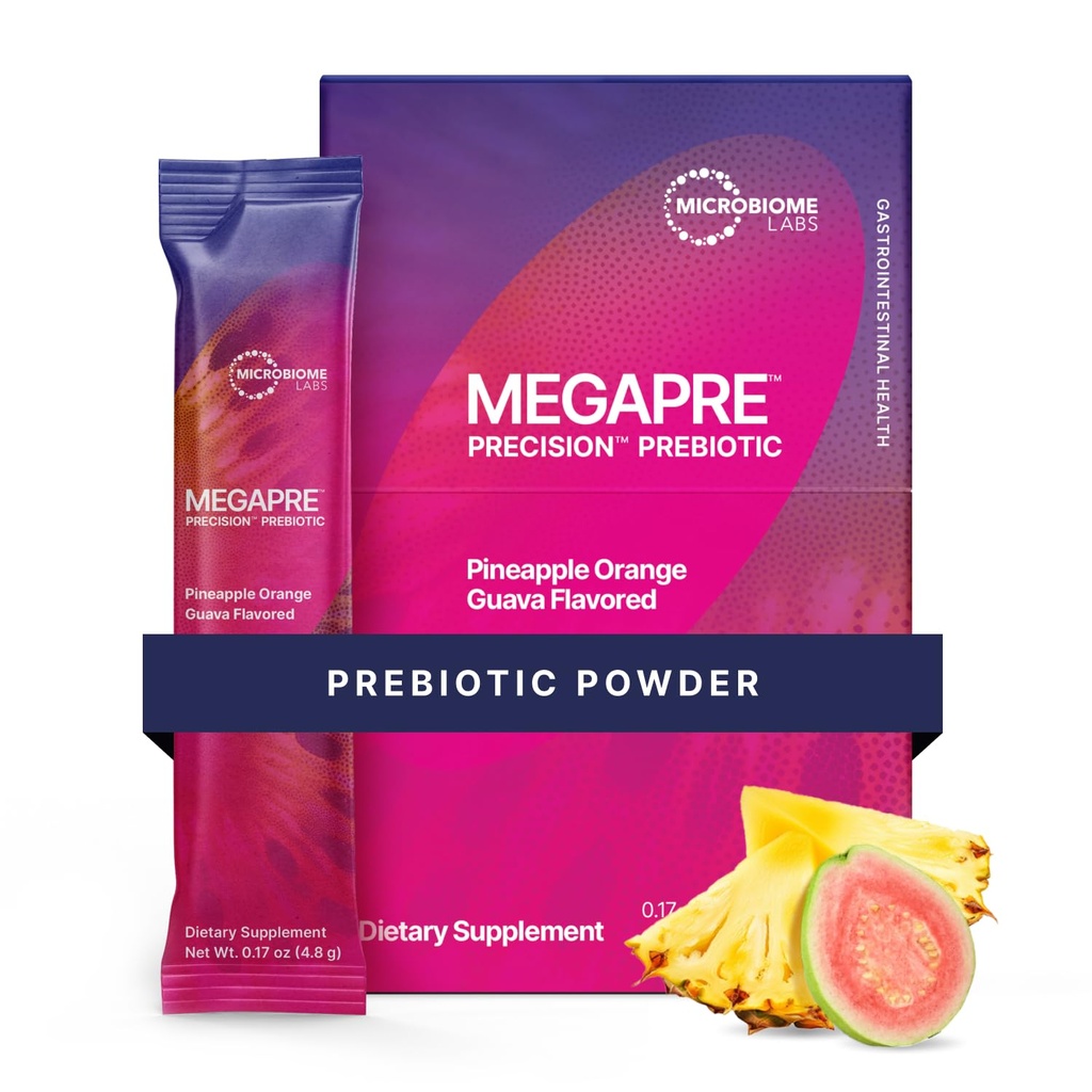 Mikrobiome Labs MegaPre Prebiotic Fiber Powder for kvinder, mænd og børn - Præ- doseret Prebiotic Fiber Supplement Powder med klinisk testet Oligosaccharides - Ananas Orange Guava (30 drik pakker)