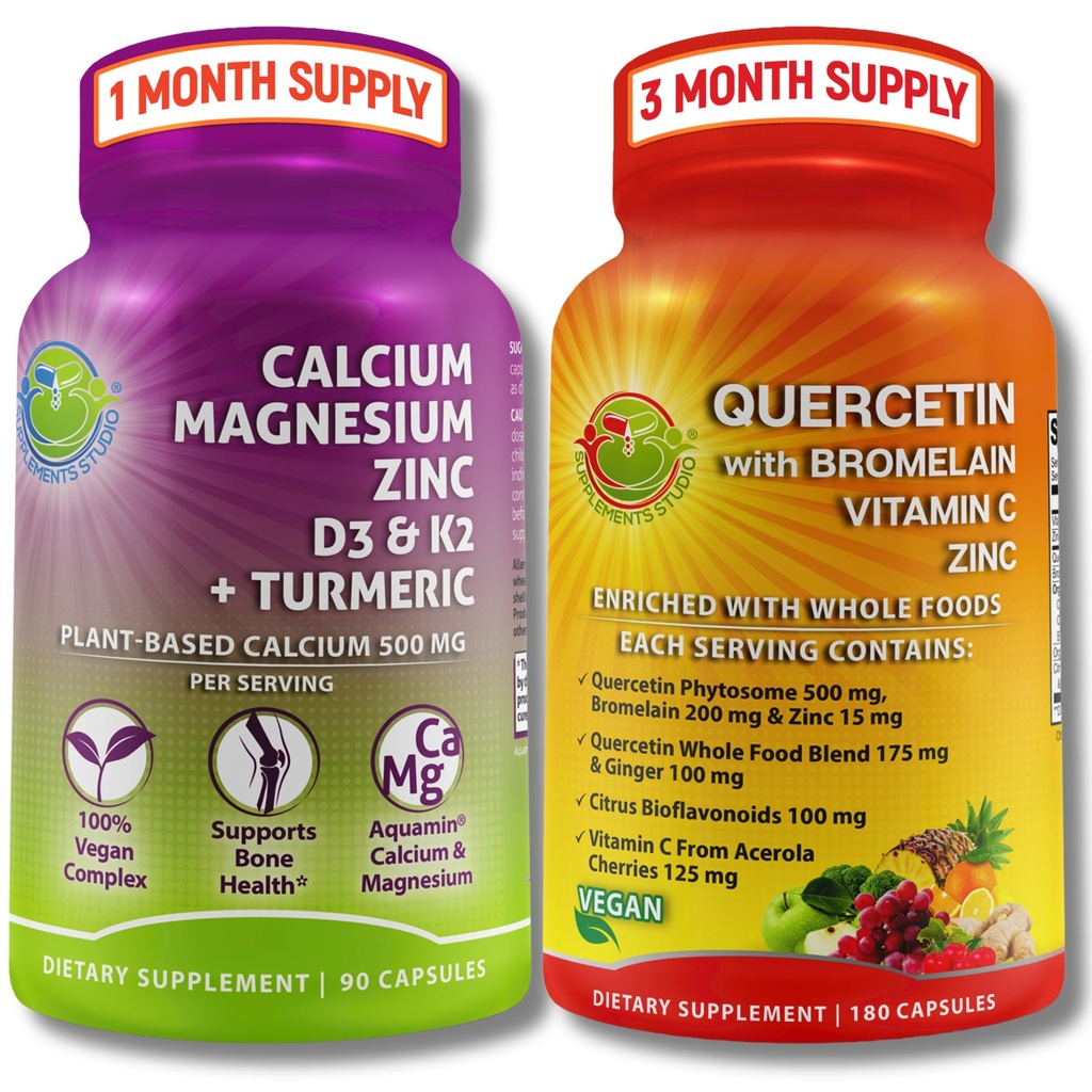 SUPPLEMENTER STUDIO Quercetin med Bromelain, C-vitamin og zink + Plantbased Calcium, Magnesium, D3, K2 & Gurkemeje - 100% Vegansk Supplement Bundle til immunforsvar og benstøtte