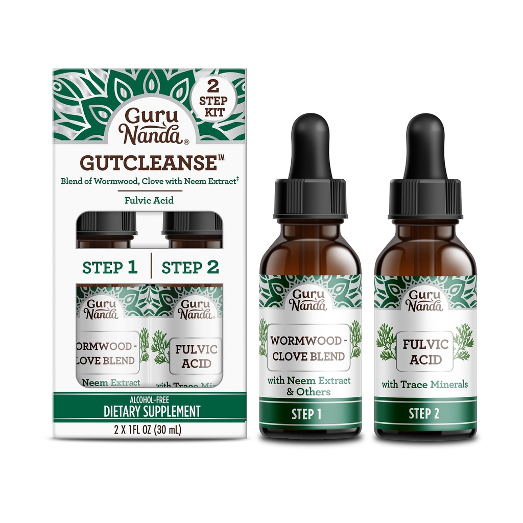 GuruNanda Gutcleense 2- Step Kit - Kosttilskud til hjælp med fordøjelse - Blend of Fulvic Acid, Wormwood, Clove & Neem Extract, 2x1 FlOz