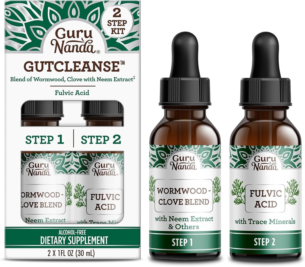 GuruNanda Gutcleense 2- Step Kit - Kosttilskud til hjælp med fordøjelse - Blend of Fulvic Acid, Wormwood, Clove & Neem Extract, 2x1 FlOz