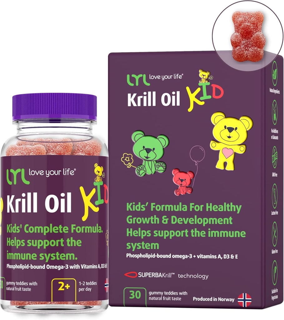 LYL Krill Oil Kid Gummy Bears med D-vitamin 3, E-vitamin og A-vitamin - fosfolipid-bound Omega 3 for sund vækst og udvikling - vingummi Bears med Orange, Apple & Hindbær Smag (pakke med 30)