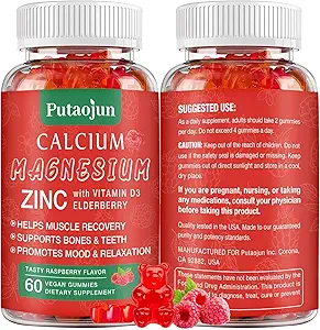 | High Absorption Calcium Magnesium Zinc Gummies, Sugar Free Calcium Magnesium Zinc Supplement with D3 | Bone & Teeth Strength | Muscle & Nerve Function | Vegan | Raspberry Flavor | 1 Pack