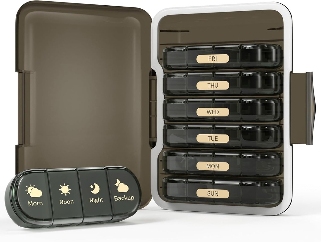 Ugentlig Pill Organizer 4 gange om dagen, 7 dag Pill Box 4X, Portable for Travel Pill Case for Pills / Vitamin / Fish Oil / Medicin / Kosttilskud (4x7 Black)