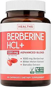 Berberine supplement (non-GMO & vegetar) Berberine HCL Plus Bitter Melon & Banaba Leaf Extract Kapsler - Berberine 500mg Hver, 1000mg Per Serve - AMPK metaboliske aktivator - 60 Caps (ingen piller)