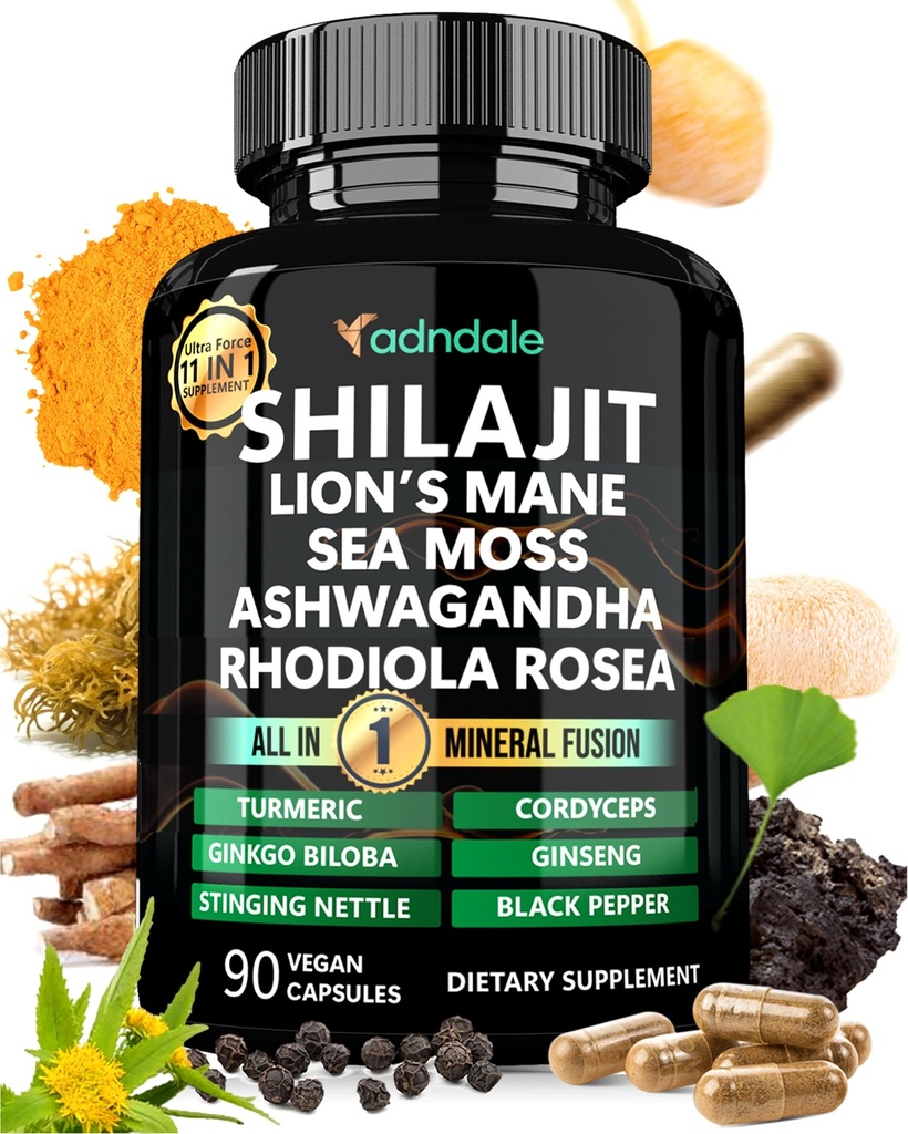 Adndale Shilajit Supplement. Pure Himalayan Organic Shilajit til mænd og kvinder Kapsler med Sea Moss Ashwagandha Rhodiola Rosea Lions Mane. 90 Greve
