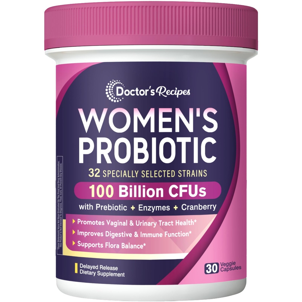 Doctor 's Opskrifter Probiotika til kvinder, 100 Millioner CFU 32 Strops, med Prebiotic Fiber, Enzymes & Cranberry, Vaginal Urinal fordøjelse & immun, Nej Gær, Hylde Stabil, Forsinket udgivelse, 30 Caps