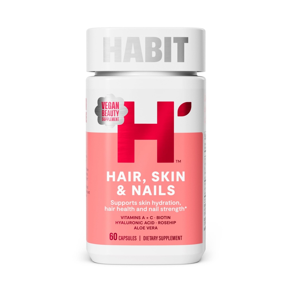 Habit Hår, Hud & Nails Supplement (60 kapsler) - Nyt udseende, understøtter Skin Hydration, Hår & Nail Styrke, Biotin 2000mcg, Vitamin A & C, Hyaluronsyre, Rosehip, Vegan, Non- GMO (1 pakke)