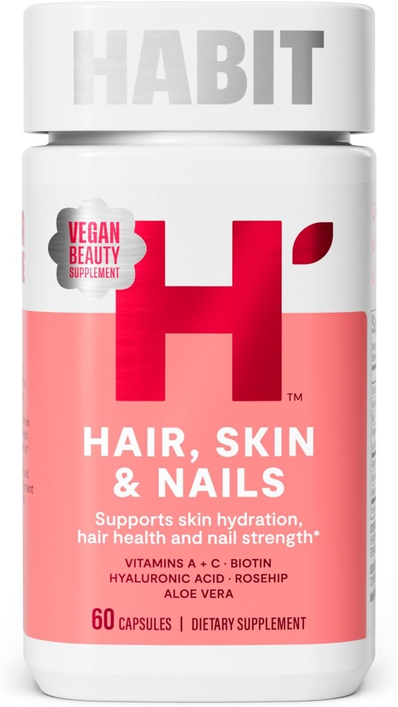 Habit Hår, Hud & Nails Supplement (60 kapsler) - Nyt udseende, understøtter Skin Hydration, Hår & Nail Styrke, Biotin 2000mcg, Vitamin A & C, Hyaluronsyre, Rosehip, Vegan, Non- GMO (1 pakke)
