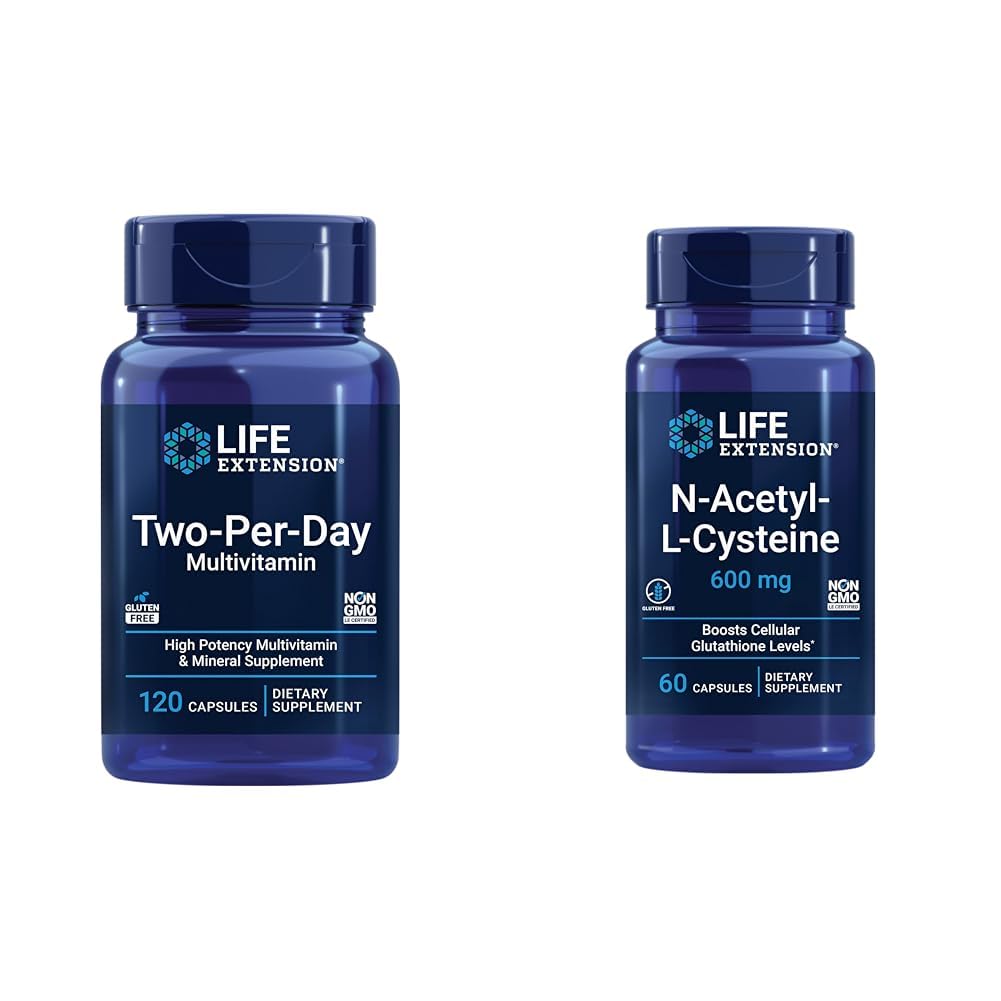 Life Extension Two-Per- Day Multivitamin, Vitamin B, C, D, zink, 25 Vitamin, Mineraler & ekstrakter, 120 Kapsler Bundle med N- Acetyl- L- Cystein (NAC) 600 mg, 60 Kapsler