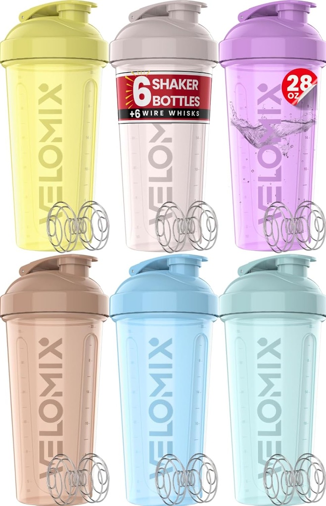 VELOMIX - 6 pack- 28 oz Protein Shaker Flaske til Protein Mixes - 6x Wire Whisk - 124; læk proof Shaker Cups til Protein Shakes - 124; Protein Shaker Flaske Pack - 124; Protein Shake Cup (Pastel Power Series)