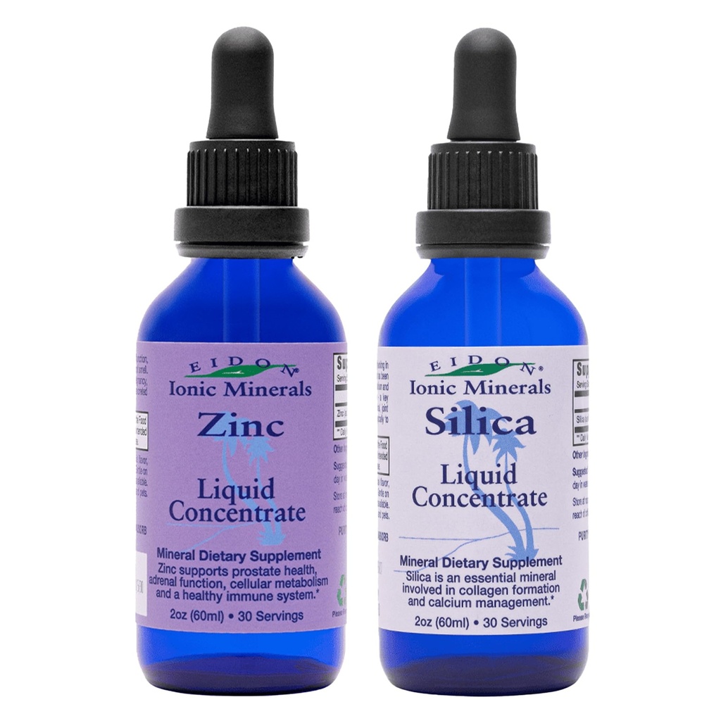 Eidon Ionic Minerals Flydende silica & Zink dråber, 2 Fl Oz, immunforsvar, hudpleje, All- Natural Ingredients, Ingen kunstige farver eller konserveringsmidler