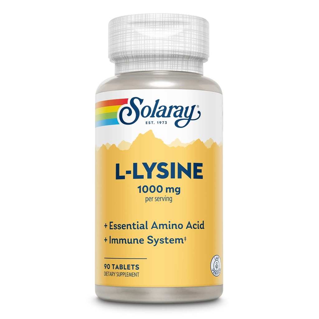 SOLARAY L Lysin - Free- Form Essential Aminosyre - Immun Support Supplement med 1000mg L- Lysin, 1000mg Vitamin C og 25mg Chelated Zink - Lab Verified, 60- Day Garanti, 30 Servering, 90 tabletter