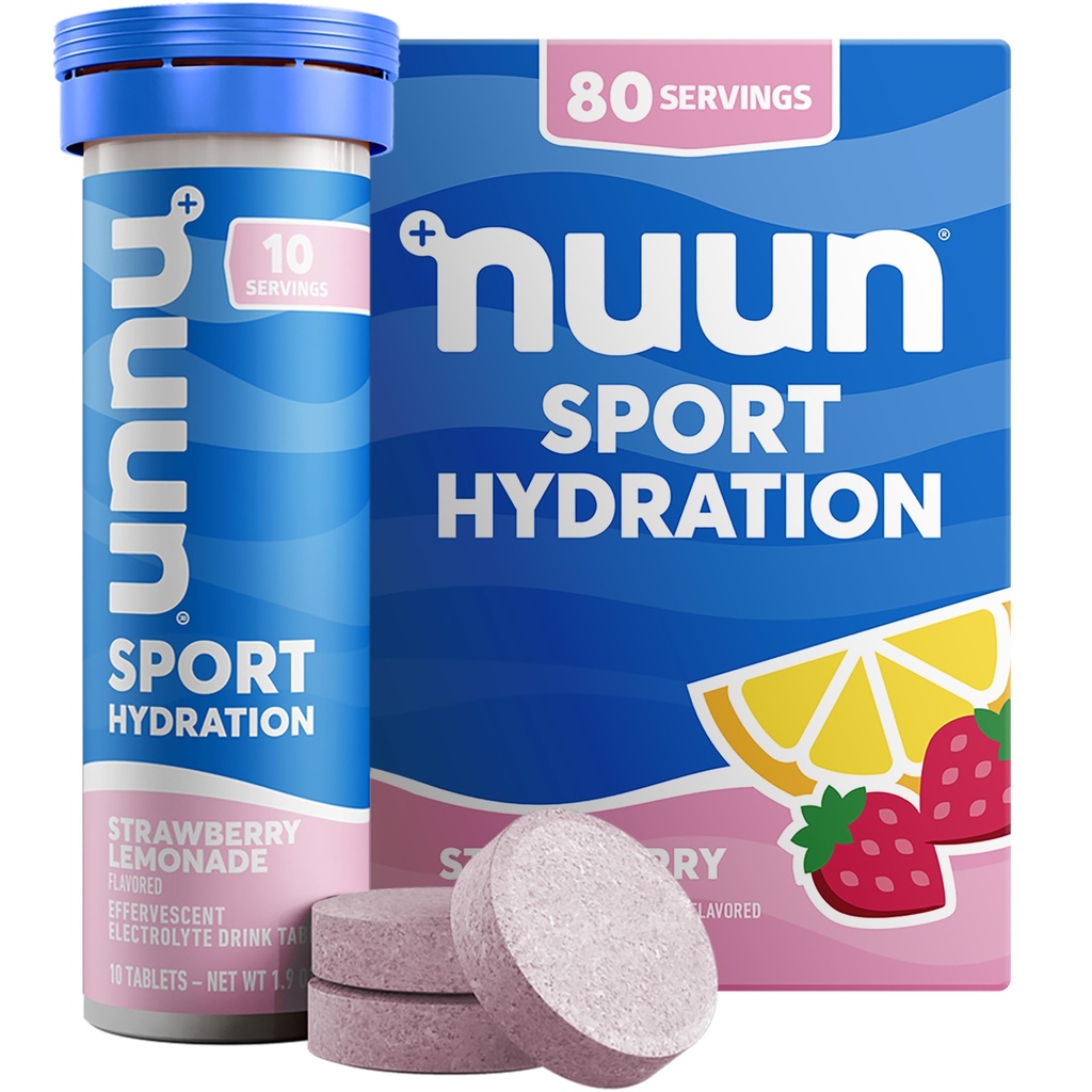 Nuun Sport Electrolyte Tablets with Magnesium, Calcium, Kalium, Chlorid & Natrium, Gluten Free & Vegan, Strawberry Lemonade, 8 Pack (80 Servere i alt)