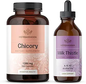 HERBAMAMA ChiCory and Milk Thistle Kit - Bundle of 1200 mg ChiCory Root Capsules & Milk Thistle Tincture 4 fl oz - Vegan, Non- GMO, Sugar & Alcohol- Free - 2 Pack
