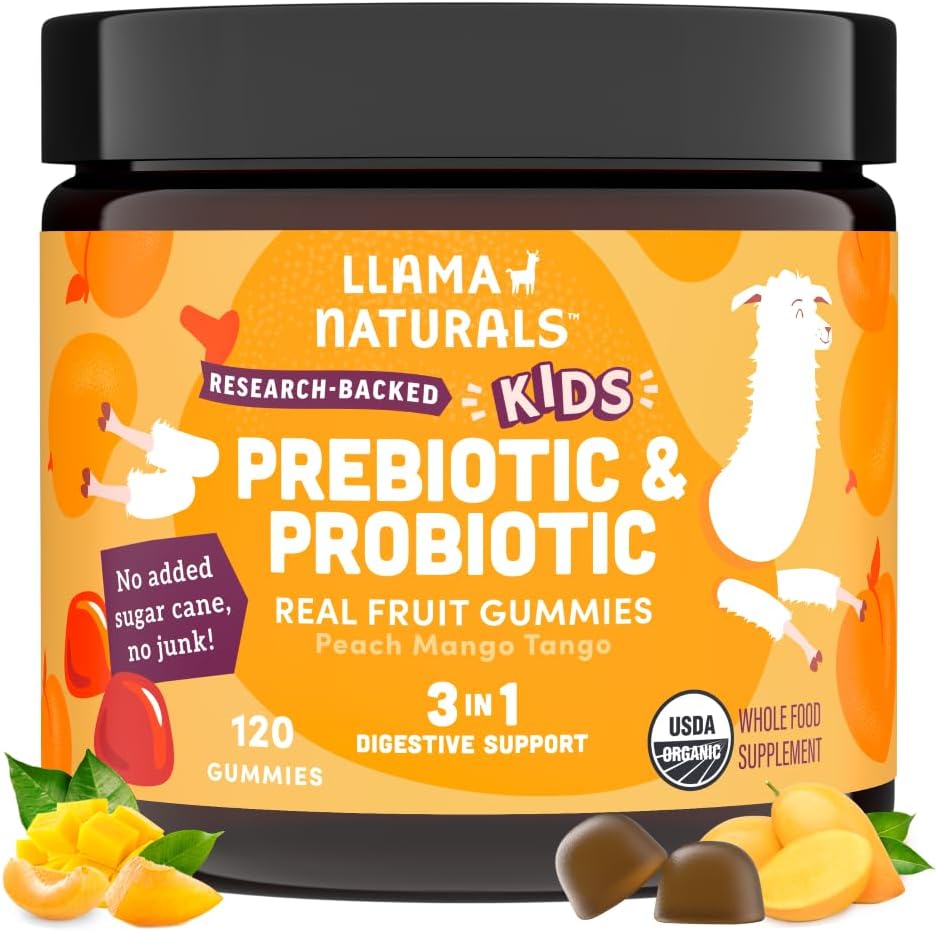Llama Naturals Kids Probiotiske med Prebiotic Fiber, Vegan, Organic Prebiotics and Probiotics Gummies for Gut Health Support, Toddler Real Fruit Gummy Vitaminer, Ingen Tilføjet sukkerrør, Peach Mango, 120 Ct