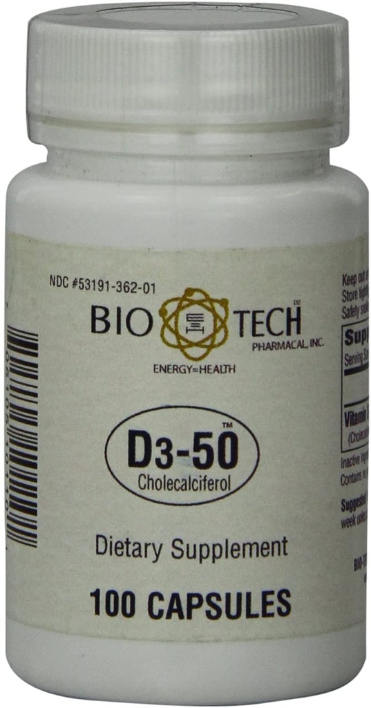 Bio- Tech Pharmacal D3- 50 50. 000 IE, 100 kapsler - All- Natural Supplement - Supports Bone, Heart Neuromuscular, & immunforsvar - No Dairy, Fish, Gluten, Peanut, Shellfish, & Soy