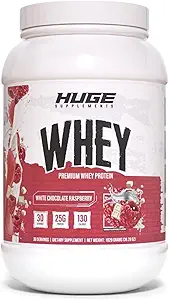 Huge Whey, Protein Powder for Muscle Gain, 25g Protein, 12g EAAs, Supports Muscle Growth, Performance & Recovery (White Chocolate Raspberry, 30 Servings)