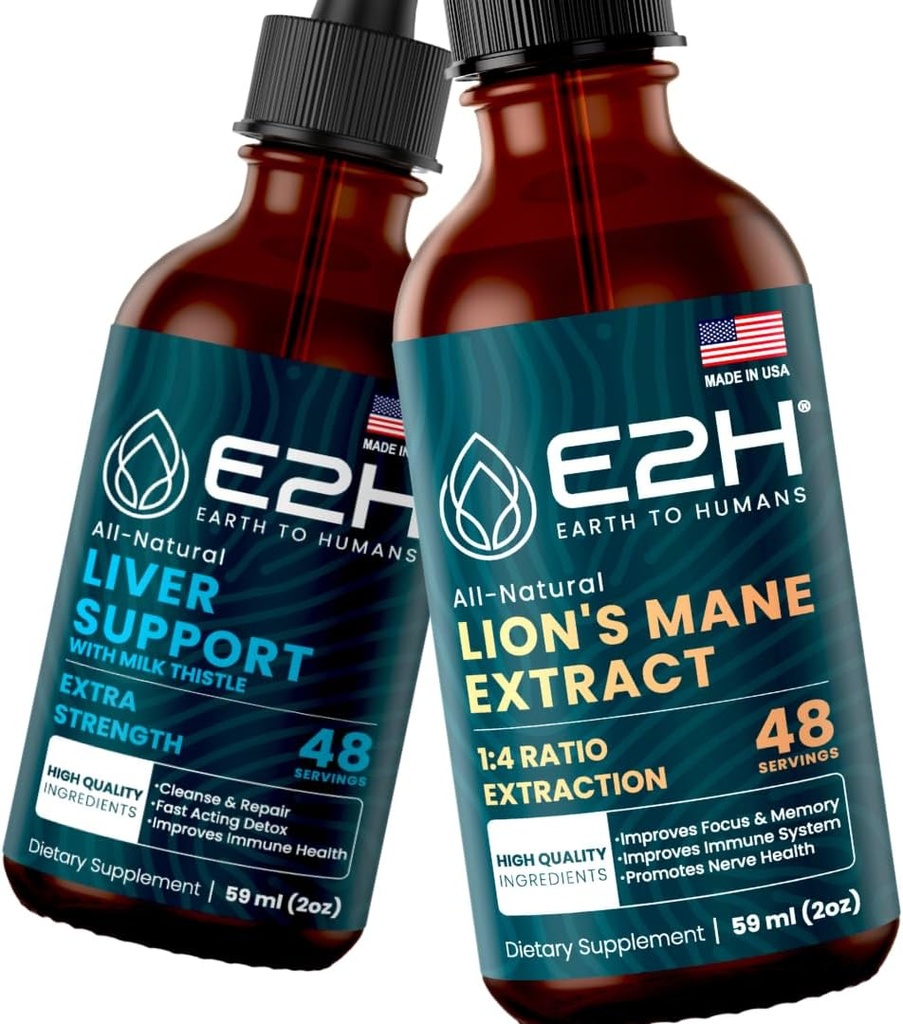 E2H: Levertilskud og Cordyceps Mushroom Supplement 124; Vegan, Non- GMO - 2 Fl Oz Hver (4 Fl Oz i alt) - Bundle