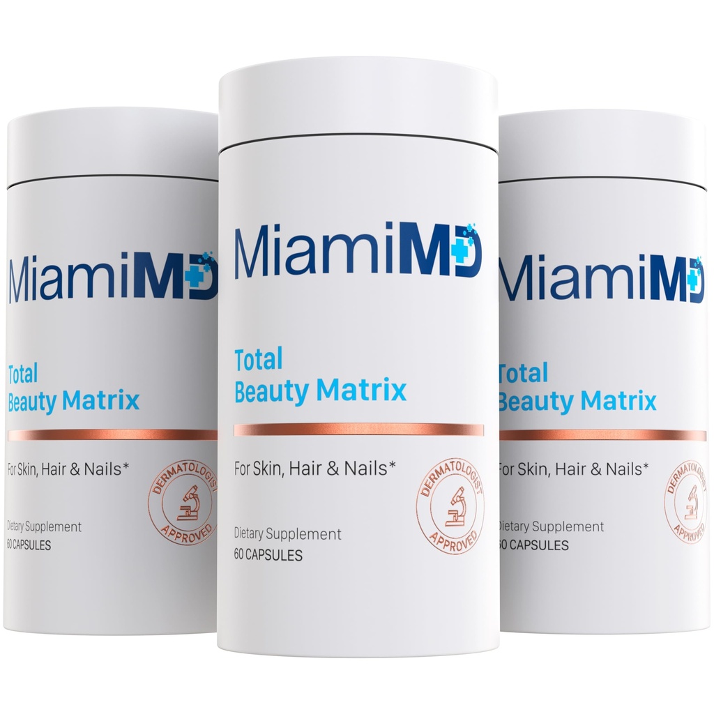 MiamiMD Total Beauty Matrix Collagen Kosttilskud til kvinder - Kollagen kapsler med C-vitamin til hår, hud og negle - Cruelty Free - (60 kapsler) - 3 pakke
