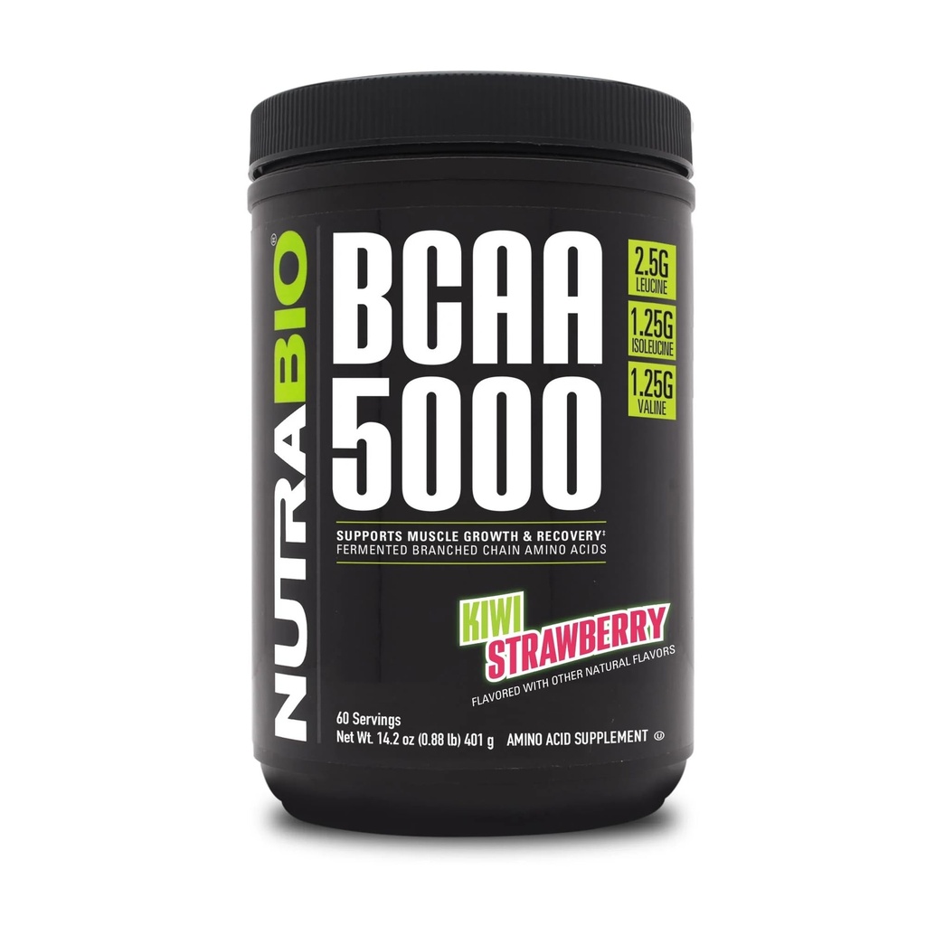 NutraBio BCAA 5000 Powder - Vegansk Gæret BCAA - Understøtter Lean Muscle Growth, Inddrivelse, Endurance - 60 Servering - Kiwi Jordbær
