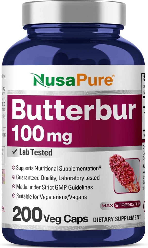 NusaPure Butterbur Extract 100mg per caps 200 Veggie Capsules (Non-GMO, Vegetarian, Vegan)