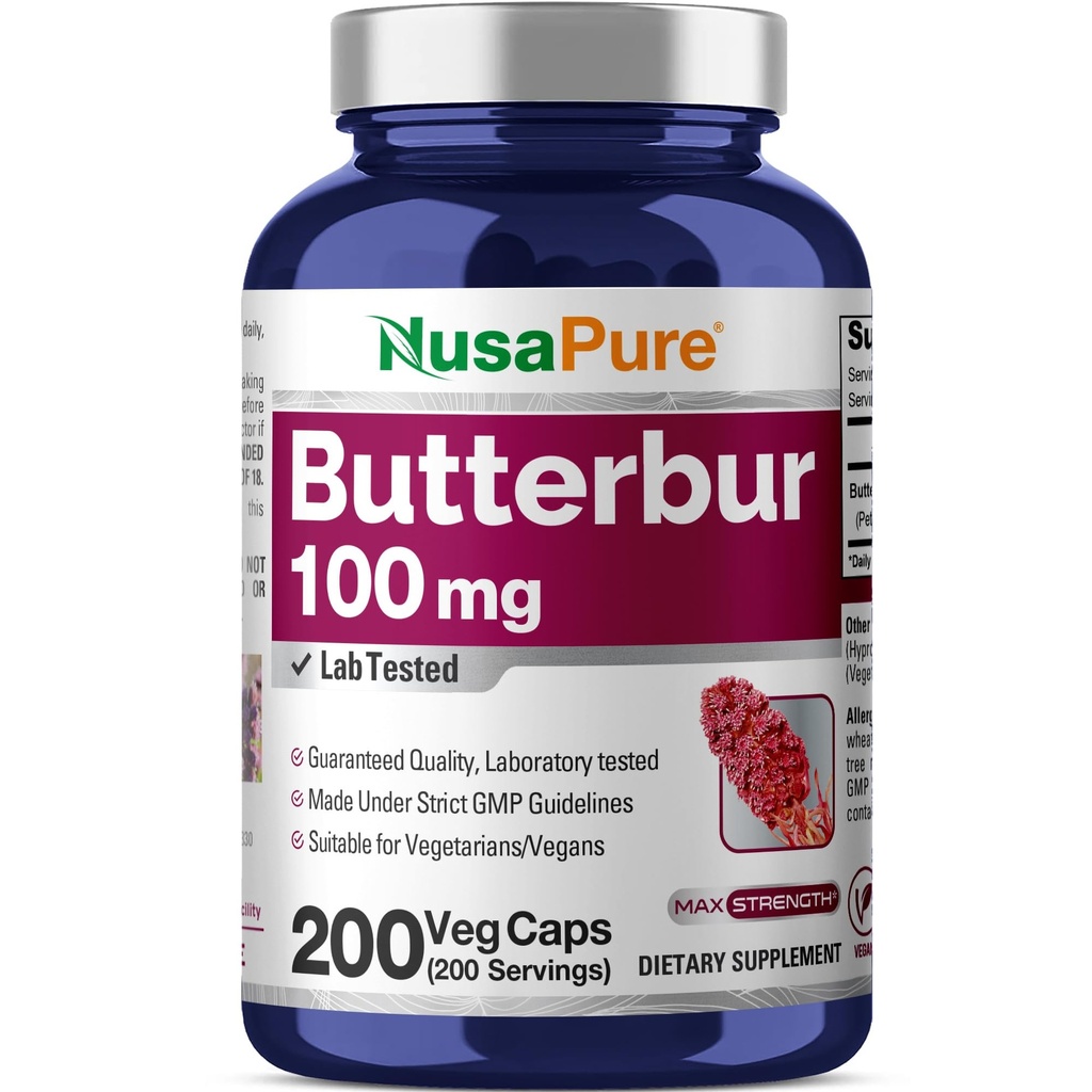 NusaPure Butterbur Extract 100mg per hætter 200 Veggie Kapsler (Non-GMO, Vegetar, Vegan)