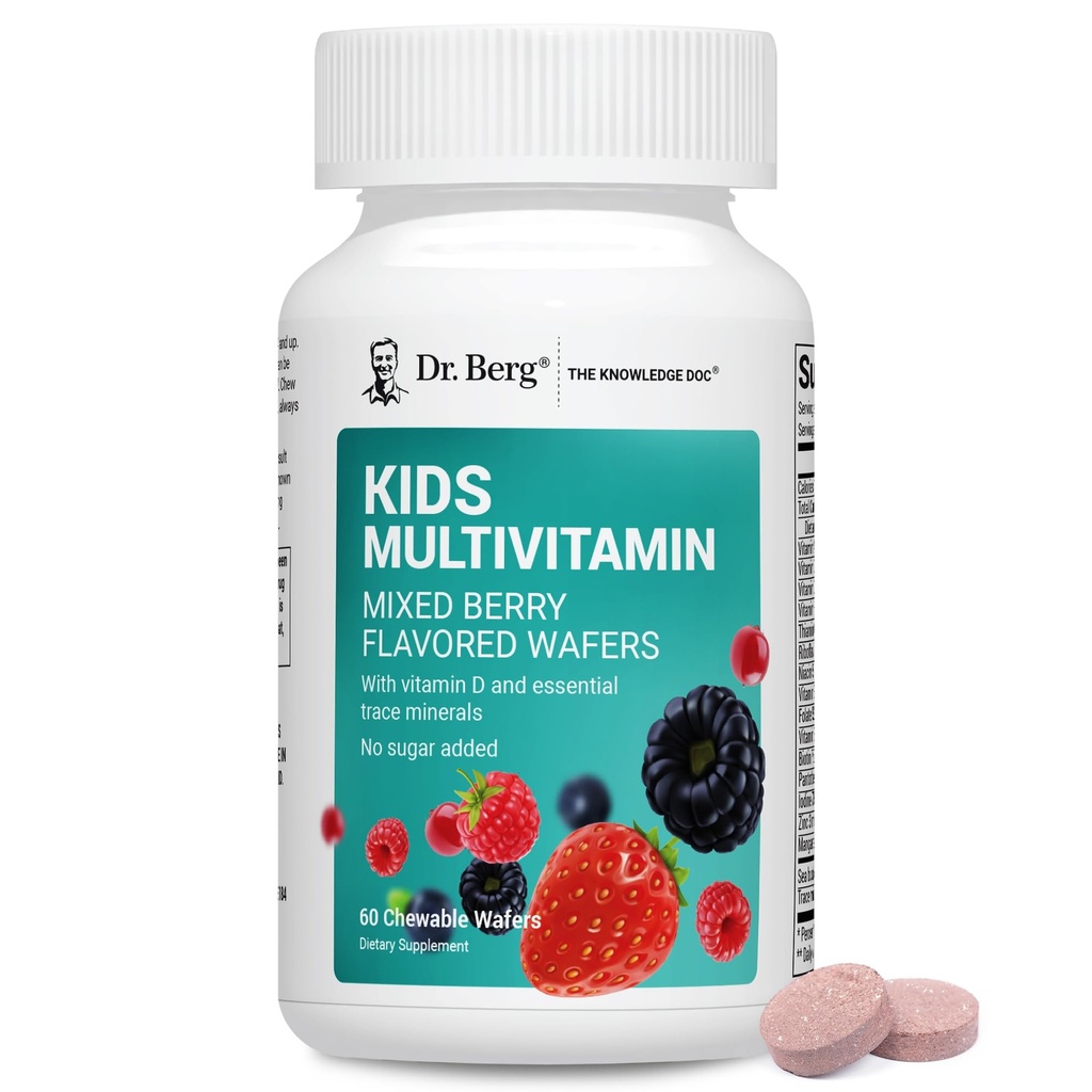 Dr. Berg Kids Chewable Multivitaminer (IKKE Sødede w / Sukker) - Daglig Multivitamin for børn, der indeholder 20 næringsstoffer & spor Mineral Complex - Blandede berry Chewable Vitamin for Kid - Red Wafers