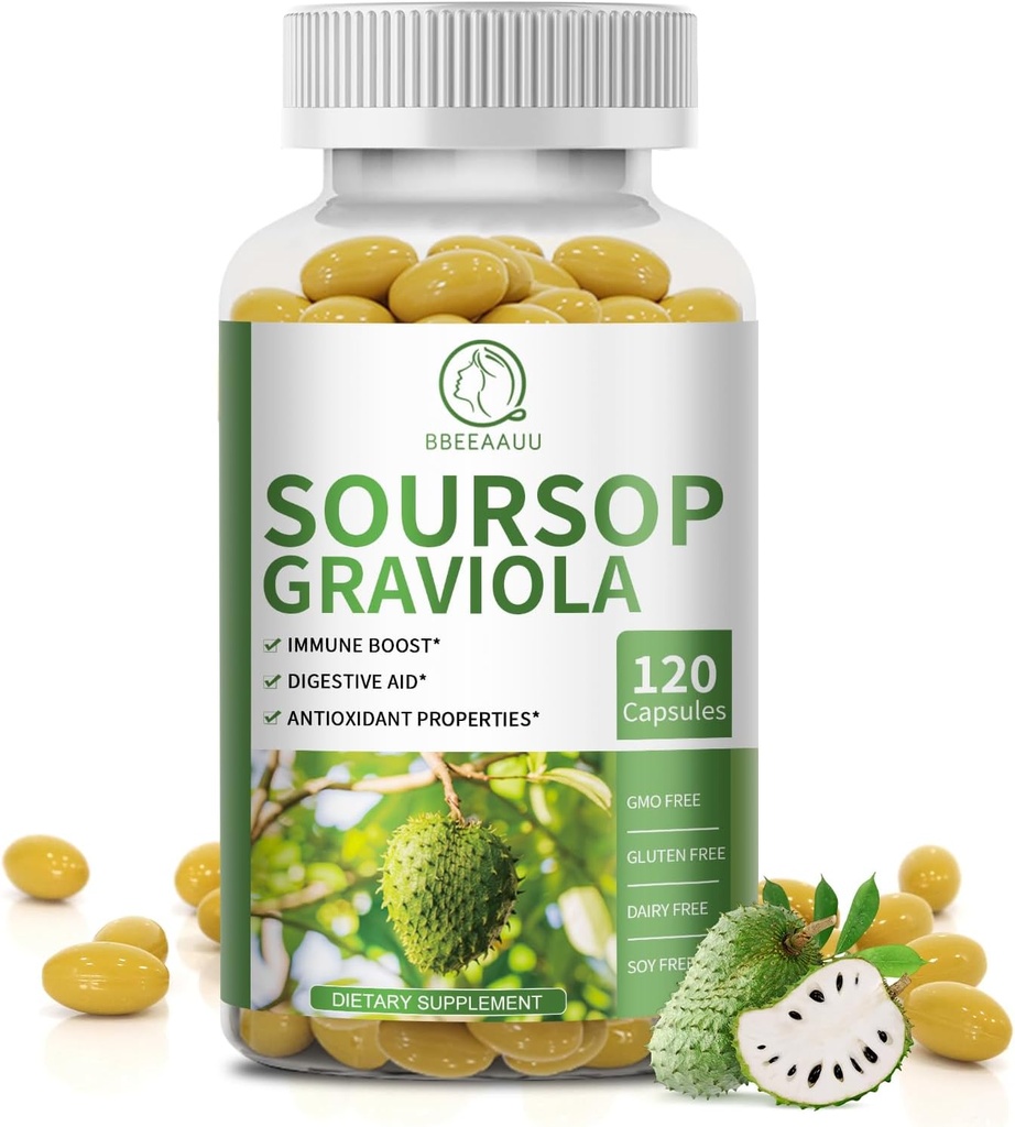 Soursop Graviola Capsules with Kelp, for Cell Regeneration, Enhances Immunity, Digestive Support, Antioxidant Properties, Gluten Free, Non GMO, Vegan, 120 Counts