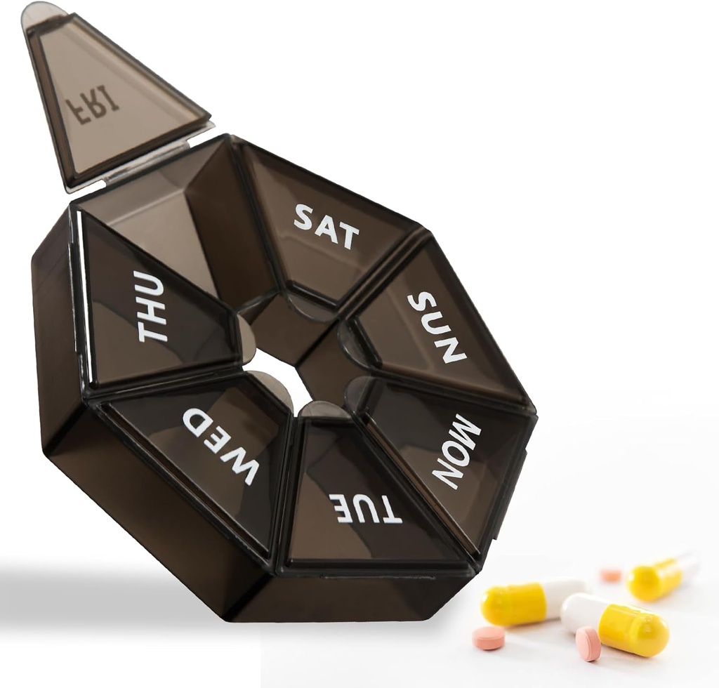 7-Day Weekly Large Pill Organizer - Pill Box Case for Travel - Dispenser for Fish Oil, Kosttilskud, Vitamin, Medicine Holder (sort)