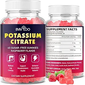 Kalium Citrate Gummies for voksne, Sugar- Free Kalium 1000mg Support Leg Cramp & Electrolyte Balance High Potency 60 Greve