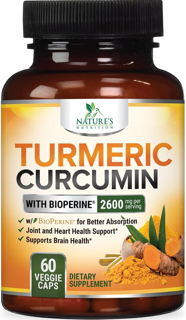 Gurkemeje Supplement 2600mg - 95% Curcuminoider med økologisk gurkemeje & BioPerine Black Pepper Extract til bedste absorption, Natural Vegan Joint Support, Non- GMO, Flasket i USA - 60 Kapsler