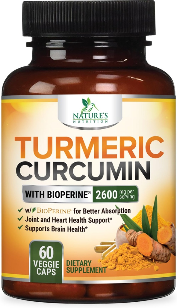 Gurkemeje Supplement 2600mg - 95% Curcuminoider med økologisk gurkemeje & BioPerine Black Pepper Extract til bedste absorption, Natural Vegan Joint Support, Non- GMO, Flasket i USA - 60 Kapsler