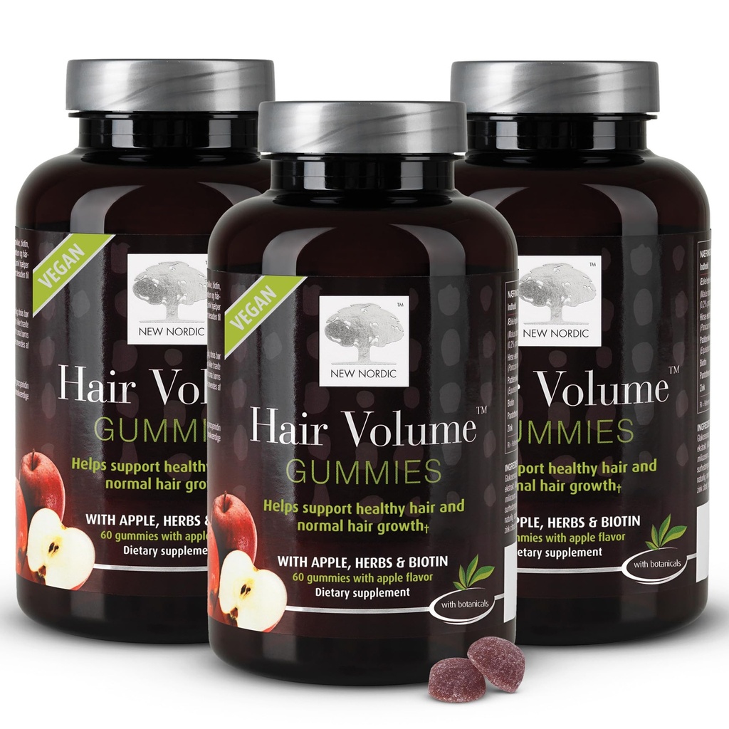 NY NORDIC hår volumen gummies, 2500 mcg biotin, daglige hår vitaminer supplement til støtte hår hud & negle, Vegan, 60 greve (pakke med 3)