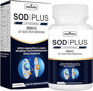 Superoxid Dismutase Supplement 500mg - * Plus med liposomal glutathion, AKG, Green Tea Extract, L- arginin, Lysin, Resveratrol og E-vitamin til immunforsvar, Antioxidant 60 kapsler