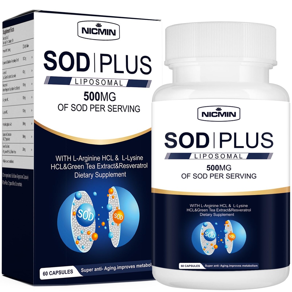 Superoxid Dismutase Supplement 500mg - * Plus med liposomal glutathion, AKG, Green Tea Extract, L- arginin, Lysin, Resveratrol og E-vitamin til immunforsvar, Antioxidant 60 kapsler
