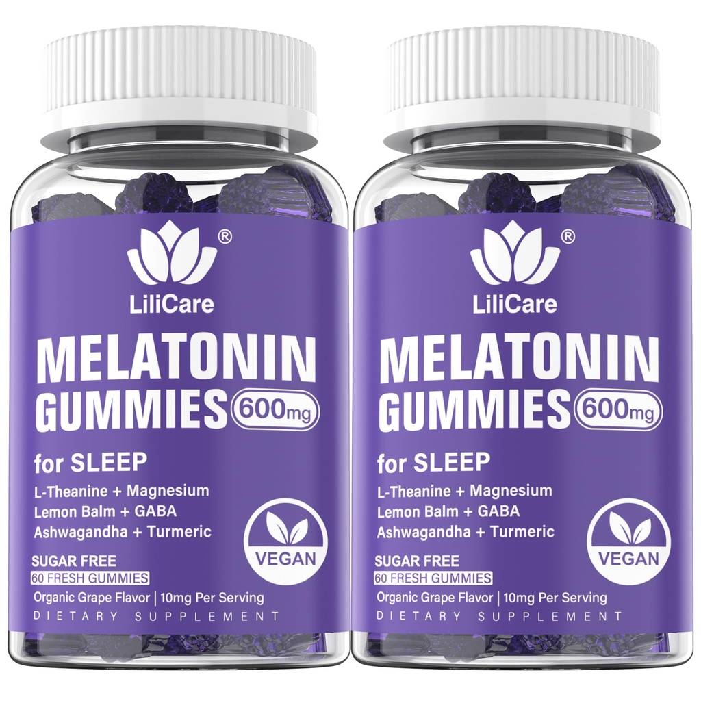 Melatonin 20mg gummies til voksne (2 pakker) Ekstra styrke med L- Theanin, Ashwagandha, Magnesium, gurkemeje, GABA, Lemon Balm og Kamille til støtte Sund Circadian Rhythm, Grape Flavor