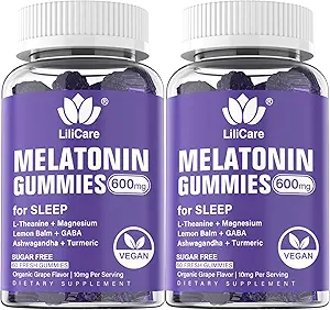 Melatonin 20mg gummies til voksne (2 pakker) Ekstra styrke med L- Theanin, Ashwagandha, Magnesium, gurkemeje, GABA, Lemon Balm og Kamille til støtte Sund Circadian Rhythm, Grape Flavor