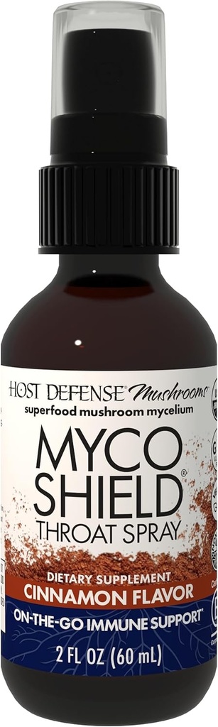 Værtsforsvar MycoShield Throat Spray - immunforsvar - kost chaga, Reishi, Tyrkiet hale & mere - On- The- Go immunstøtte - kanel flavor, 2 fl oz (142 Servere) *