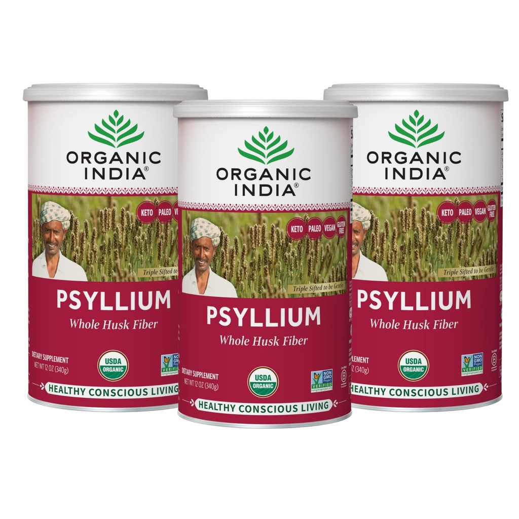 ORGANISK INDIA Psyllium Herbal Powder - Whole Husk Fiber Supplement, fordøjelsesstøtte, Vegan, Glutenfri, USDA Certificeret Organic, Non- GMO, Opløselig & Uopløselig Fiber Kilde - 12 oz (Pack of 3)