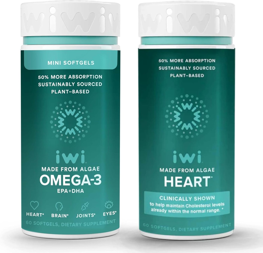 Iwi Omega-3 Minis & Heart Omega-3 Bundle, 30 Servering, Vegan Plant-baseret Alger Omega 3, Krill & Fish Oil Alternative, Ingen Fishy Aftersmage