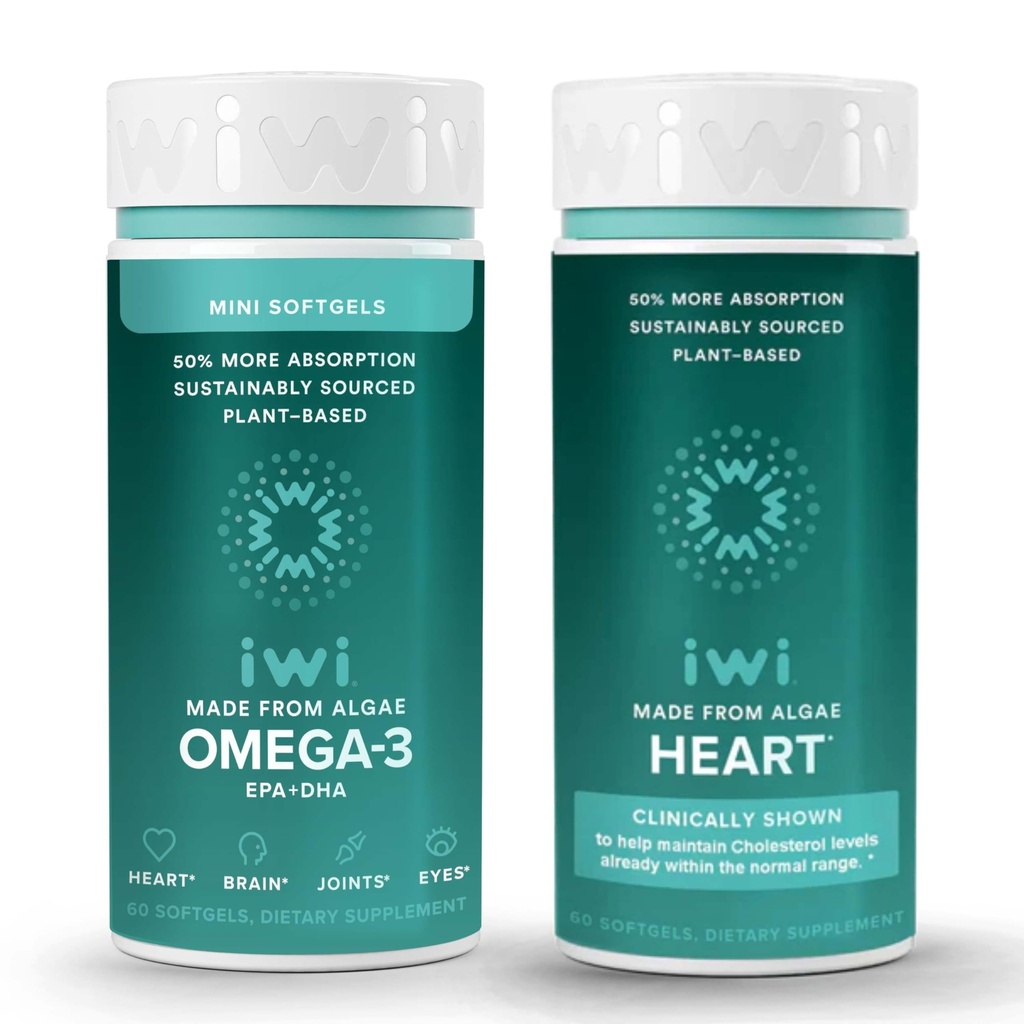 Iwi Omega-3 Minis & Heart Omega-3 Bundle, 30 Servering, Vegan Plant-baseret Alger Omega 3, Krill & Fish Oil Alternative, Ingen Fishy Aftersmage