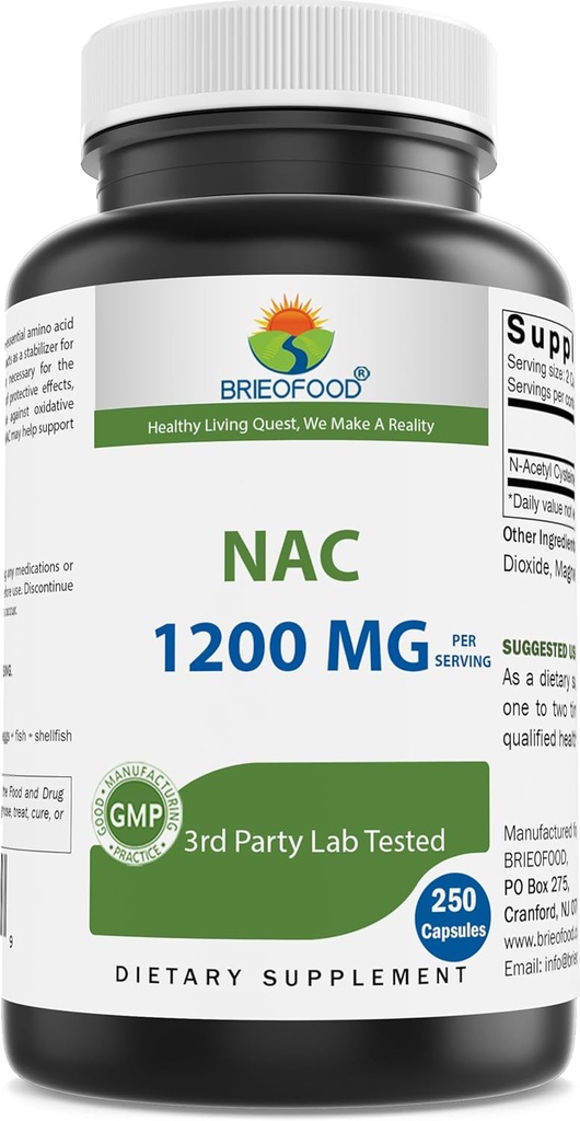 Brieofood NAC supplement N- acetyl cystein 1200 mg per servering 250 kapsler - immunsupportsupplement